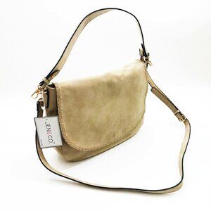 Jen & Co Jess Vegan Stitched Shoulder Bag Faux Suede Tan 15x11x3.5 inches